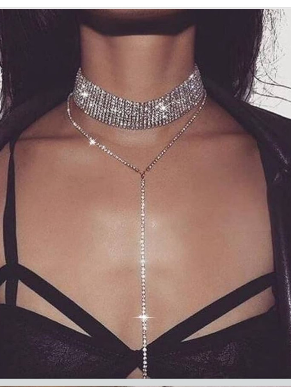 💎 New Carufin  Crystal Rhinestone Silver Choker Lariat Necklace